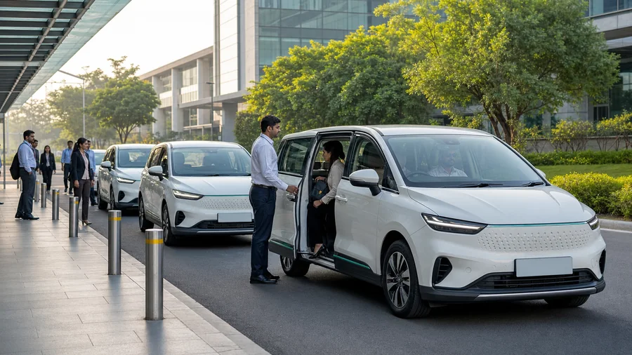 Corporate employees boarding a managed electric commute vehicle