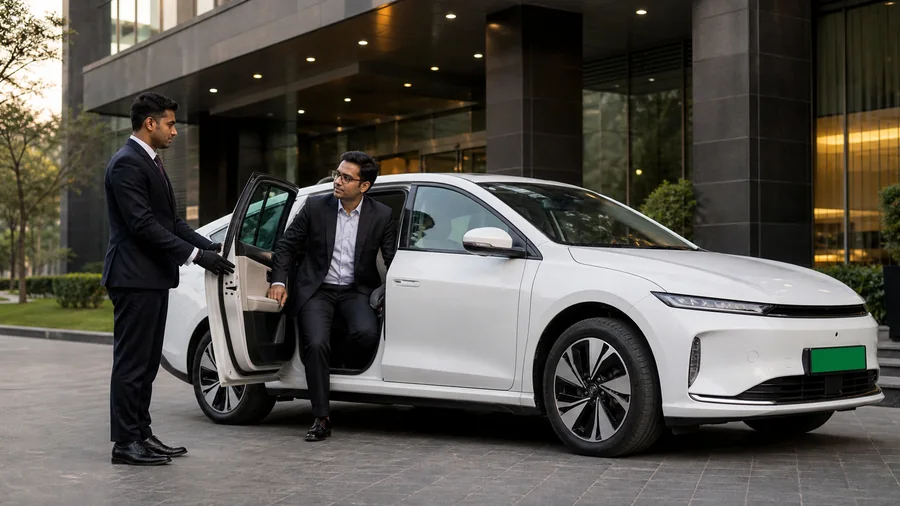 Chauffeur opening an electric sedan for executive transport