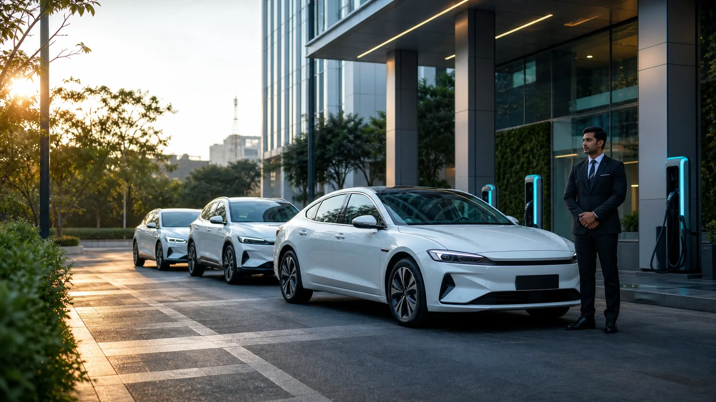 Managed electric vehicle fleet with professional chauffeur at a corporate campus